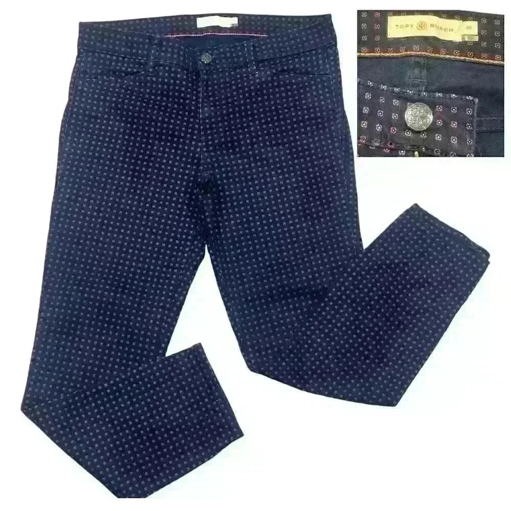 Tory Burch Womens Emmy Ankle Skinny Pants Sz 30 Navy Daisy Dots Stretch Classic